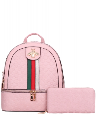 2in1 Bee Accent Quilted Backpack Wallet Set CR-7226WPP PINK